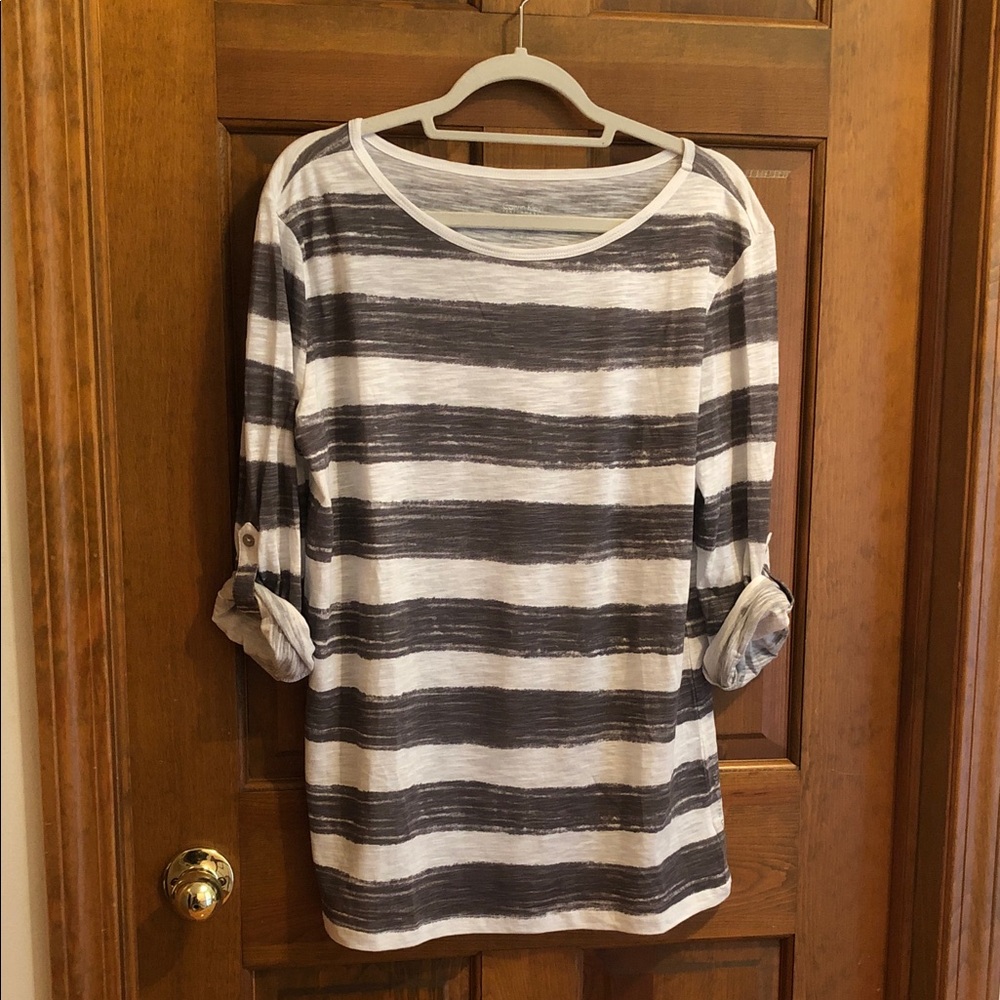 Calvin Klein Striped Roll-Sleeve Women’s Top - White and Gray